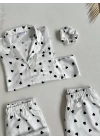 Beyaz Siyah Kalpli Saten Pijama Seti