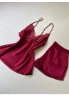 Bordo Dantel Detaylı 6lı Gecelik Sabahlık Set
