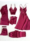 Bordo Dantel Detaylı 6lı Gecelik Sabahlık Set
