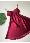 Bordo Güpür Detaylı 6lı Saten Gecelik Sabahlık Set