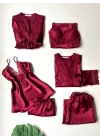 Bordo Güpür Detaylı 6lı Saten Gecelik Sabahlık Set