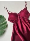Bordo Güpür Detaylı 6lı Saten Gecelik Sabahlık Set