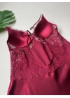 Bordo Güpür Detaylı 6lı Saten Gecelik Sabahlık Set