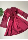 Bordo Güpür Detaylı 6lı Saten Gecelik Sabahlık Set