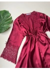 Bordo Güpür Detaylı 6lı Saten Gecelik Sabahlık Set