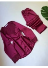 Bordo Güpür Detaylı 6lı Saten Gecelik Sabahlık Set