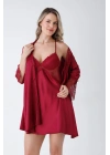 Bordo Güpür Detaylı 6lı Saten Gecelik Sabahlık Set