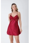 Bordo Güpür Detaylı 6lı Saten Gecelik Sabahlık Set