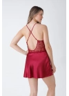 Bordo Güpür Detaylı 6lı Saten Gecelik Sabahlık Set