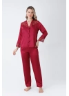 Bordo Güpür Detaylı 6lı Saten Gecelik Sabahlık Set