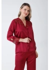 Bordo Güpür Detaylı 6lı Saten Gecelik Sabahlık Set