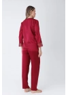 Bordo Güpür Detaylı 6lı Saten Gecelik Sabahlık Set