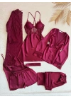 Bordo Güpür Detaylı 6 Parça Kısa Saten Gecelik Sabahlık Seti