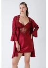 Bordo Güpür İşlemeli Saten Gecelik Sabahlık Takımı