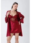 Bordo Güpür İşlemeli Saten Gecelik Sabahlık Takımı