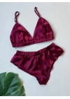 Bordo Saten Bralet Takım