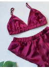 Bordo Saten Bralet Takım