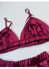 Bordo Saten Bralet Takım