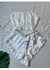 Ekru Fırfırlı Sırt Dekolteli Pijama Takımı