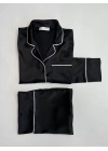 İpeksi Saten Siyah Biyeli Pijama Takımı
