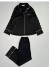 İpeksi Saten Siyah Biyeli Pijama Takımı