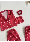 Kırmızı Beyaz Kalpli Saten Pijama Seti