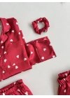 Kırmızı Beyaz Kalpli Saten Pijama Seti