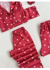 Kırmızı Beyaz Kalpli Saten Pijama Seti