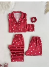 Kırmızı Beyaz Kalpli Saten Pijama Seti