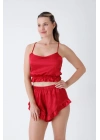 Kırmızı Fırfırlı Sırt Dekolteli Pijama Takımı