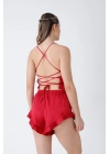 Kırmızı Fırfırlı Sırt Dekolteli Pijama Takımı