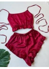 Kırmızı Fırfırlı Sırt Dekolteli Pijama Takımı