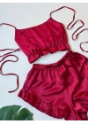 Kırmızı Fırfırlı Sırt Dekolteli Pijama Takımı
