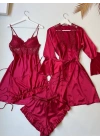 Kırmızı Güpür Detaylı 4lü Saten Set