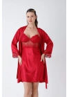Kırmızı Kısa Gecelik Sabahlık Takım