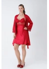 Kırmızı Kısa Gecelik Sabahlık Takım