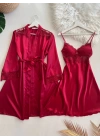 Kırmızı Kısa Gecelik Sabahlık Takım