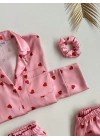 Kırmızı Pembe Kalpli Saten Pijama Seti
