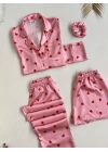 Kırmızı Pembe Kalpli Saten Pijama Seti