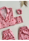 Kırmızı Pembe Kalpli Saten Pijama Seti