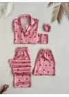Kırmızı Pembe Kalpli Saten Pijama Seti