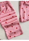 Kırmızı Pembe Kalpli Saten Pijama Seti