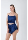 Lacivert Fırfırlı Sırt Dekolteli Pijama Takımı