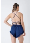 Lacivert Fırfırlı Sırt Dekolteli Pijama Takımı