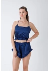 Lacivert Fırfırlı Sırt Dekolteli Pijama Takımı