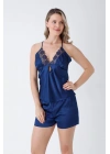 Lacivert Güpür Detaylı 6lı Saten Gecelik Sabahlık Set