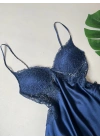 Lacivert Güpür Detaylı 6lı Saten Gecelik Sabahlık Set