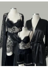 Luna Bridal Dantel & Saten Altılı Set Siyah