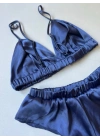 Mavi Saten Bralet Takım