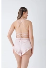 Pudra Fırfırlı Sırt Dekolteli Pijama Takımı